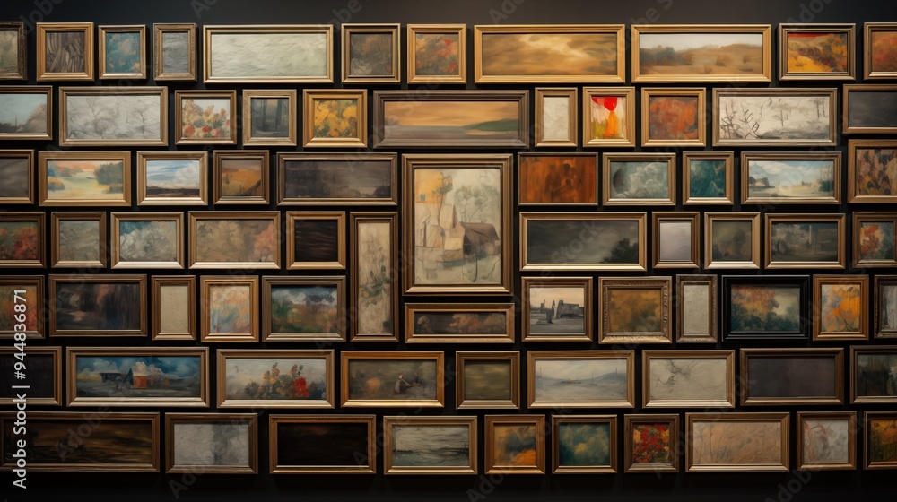 A wall filled with an eclectic collection of framed paintings in various styles and colors, showcasing landscapes, still lifes, and abstract art. A wall filled with an eclectic collection of framed paintings in various styles and colors, showcasing landscapes, still lifes, and abstract art.
