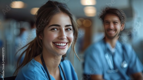 A smiling female nurse in a hospital setting.