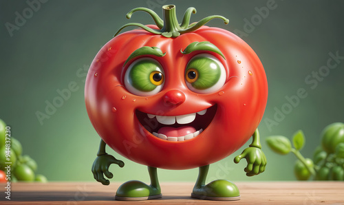 A happy tomato smiles with a big grin, standing on a wooden surface