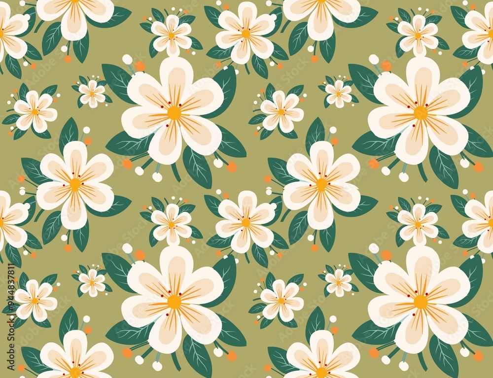 Fototapeta premium A charming seamless pattern featuring classic floral elements Perfect for holiday-themed designs, wrapping paper, textiles, and festive decorations. The pattern captures the joyful spirit of floral, w