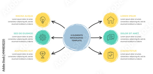 Hand drawn diagram or mind map template with six elements, doodle infographics, vector eps10 illustration