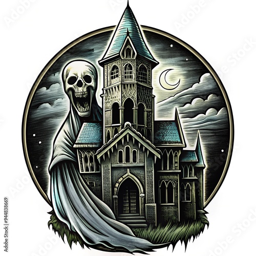 Grim Reaper haunting gothic church eerie nighttime scene photo