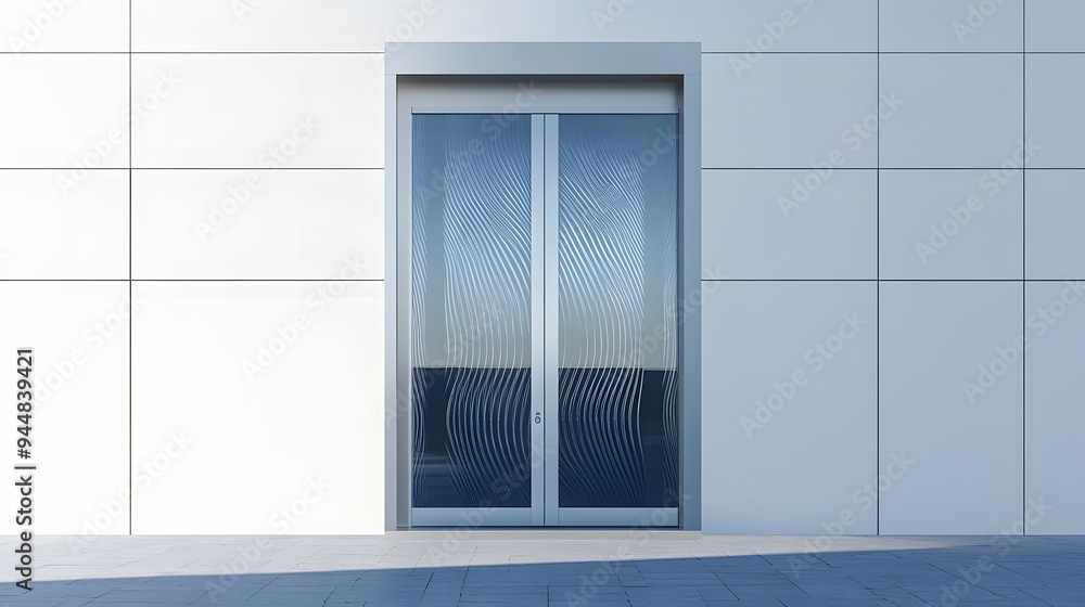 Fototapeta premium 63. **A modern glass door with an etched vertical pattern, displayed on a pristine white background.