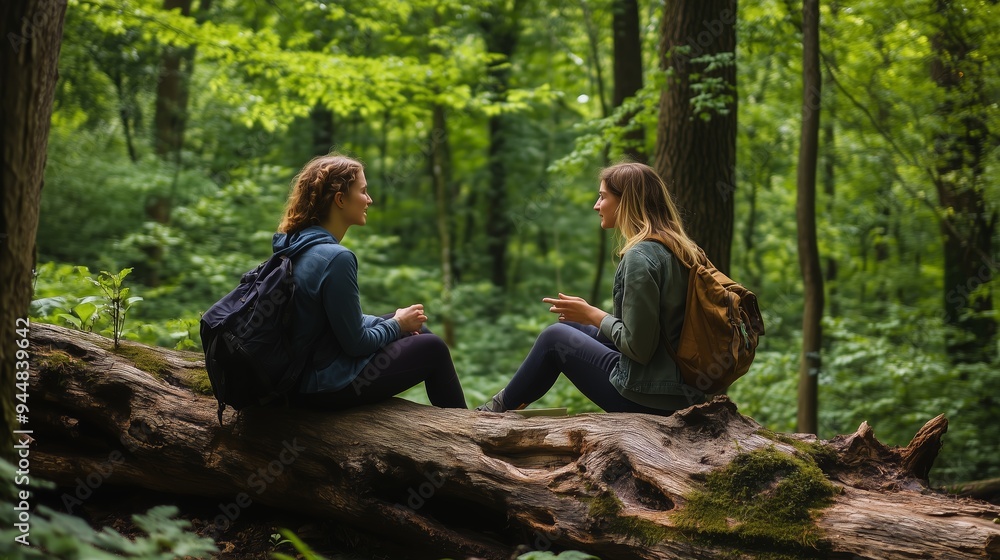 Two friends sit on a fallen log in a lush green forest, enjoying a peaceful conversation during a sunny afternoon Two friends sit on a fallen log in a lush green forest, enjoying a peaceful conversation during a sunny afternoon