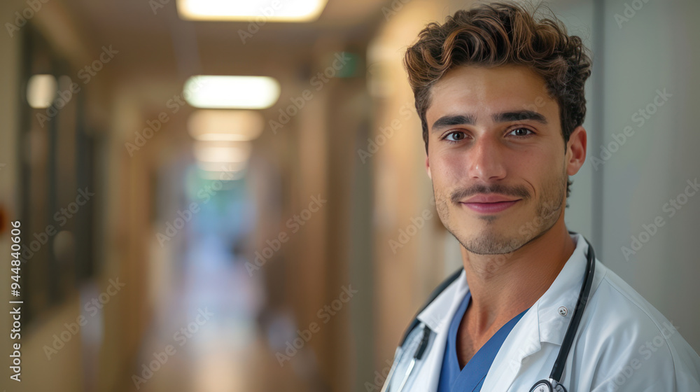 Young medical professional with a stethoscope, friendly expression, hospital corridor in modern hospital hallway, smiling. Healthcare, medical professional, technology integration Young medical professional with a stethoscope, friendly expression, hospital corridor in modern hospital hallway, smiling. Healthcare, medical professional, technology integration
