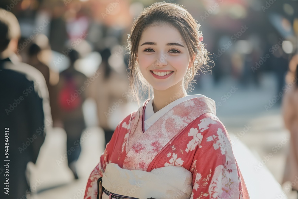 Beautiful Japanese girl wearing yukata dress standing in the street Beautiful Japanese girl wearing yukata dress standing in the street