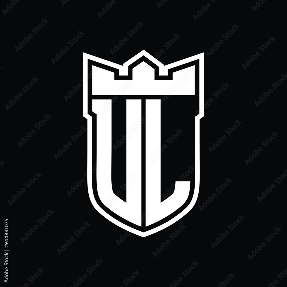 UL Logo shield shape with geometric crown inside white outline on black background template design UL Logo shield shape with geometric crown inside white outline on black background template design
