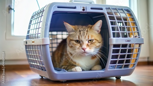 Orange tabby cat inside a gray pet carrier photo