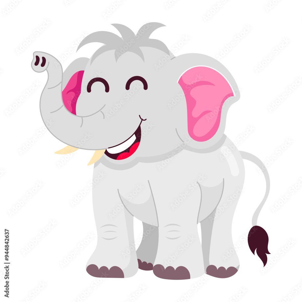 Fototapeta premium Elephant cartoon with cute smile, flat style sticker 