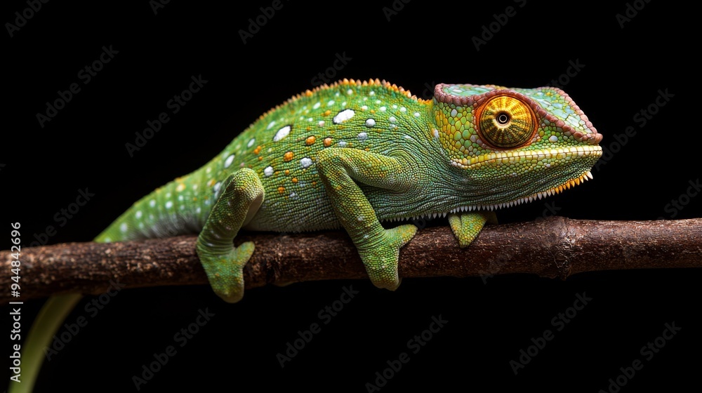 Fototapeta premium A green chameleon hangs onto a branch, its long legs wrapped around it for balance, with the exotic tree and chameleon vividly contrasting against a black background