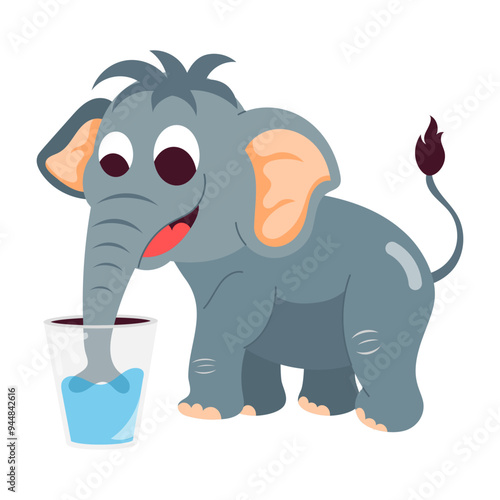 A flat style mascot of elephant drinking water from glass 

