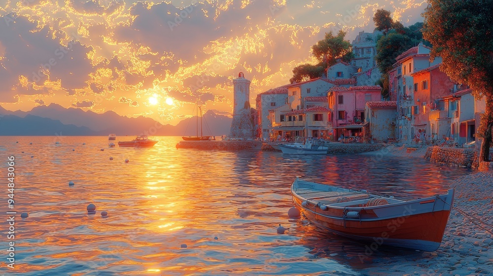 Obraz premium Sunset Over Coastal Town with Boat at Anchor