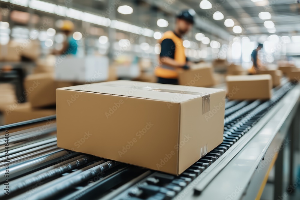 The Conveyor Belt of Commerce: A close-up shot of a cardboard box moving along a conveyor belt, symbolizing the efficient flow of goods in a modern warehouse or factory setting. The image evokes a sen The Conveyor Belt of Commerce: A close-up shot of a cardboard box moving along a conveyor belt, symbolizing the efficient flow of goods in a modern warehouse or factory setting. The image evokes a sen