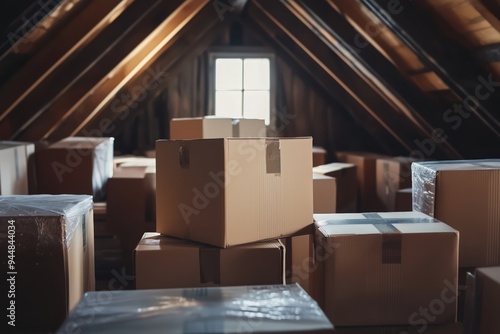 Dusty Attic Storage: A cluttered attic with numerous cardboard boxes stacked beneath a single window, capturing the essence of a forgotten space filled with memories and belongings.  