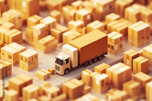 Delivery Truck in a Sea of Cardboard: A miniature truck navigates through a vast, intricate landscape of cardboard boxes, symbolizing the logistical challenges and efficiency of modern shipping.