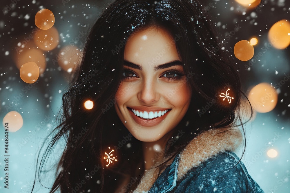 Portrait of a smiling woman surrounded by glowing bokeh lights symbolizing joy warmth and the festive energy of positive thoughts and a bright mindset Portrait of a smiling woman surrounded by glowing bokeh lights symbolizing joy warmth and the festive energy of positive thoughts and a bright mindset