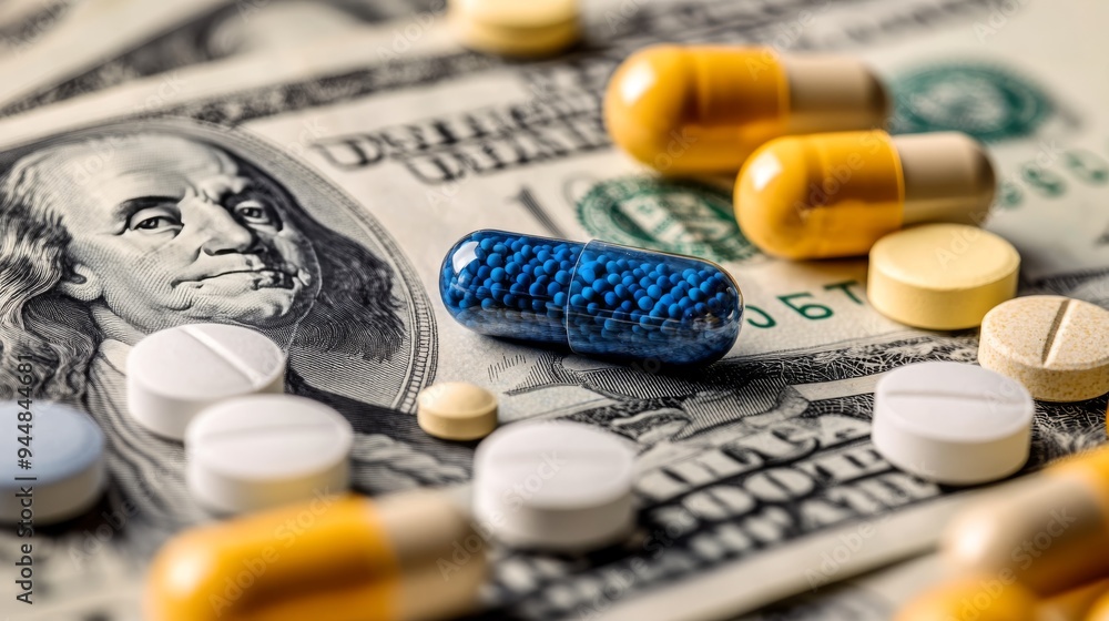 A dollar bill covered with pills and tablets, illustrating the high cost of healthcare education in America A dollar bill covered with pills and tablets, illustrating the high cost of healthcare education in America