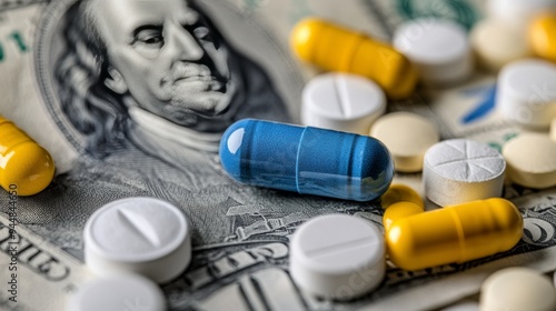 A dollar bill covered with pills and tablets, illustrating the high cost of healthcare education in America photo