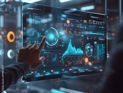 A high-tech digital AI interface featuring a futuristic touch screen. The screen is embedded in a sleek, transparent panel with holographic effect, displaying a variety of advanced data analytics  AI