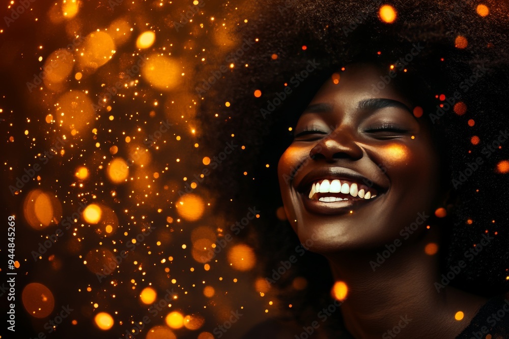 Portrait of a joyful woman surrounded by glowing particles symbolizing the radiance of happiness and the vibrant energy of a positive mindset in a warm inviting setting Portrait of a joyful woman surrounded by glowing particles symbolizing the radiance of happiness and the vibrant energy of a positive mindset in a warm inviting setting