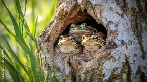 Frogs peek from holes in an aged tree trunk, framed by green grass and reeds in a bright, sunny scene photo