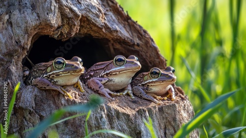 A photograph shows frogs peeking from crevices in an old tree trunk, surrounded by green grass and reeds in bright daylight photo