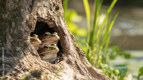 A photograph captures frogs peering from crevices in a weathered tree trunk, set against a backdrop of lush grass and reeds under the sun photo