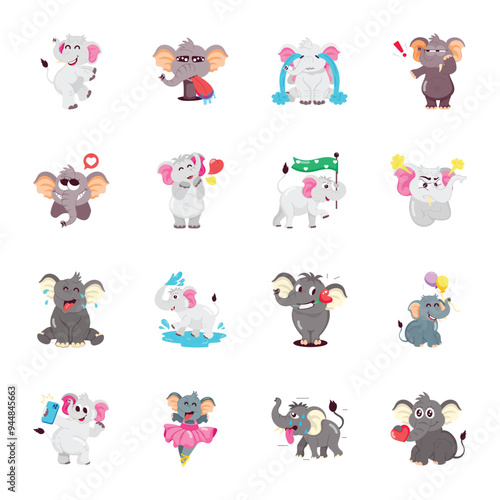 Basic RGBBundle of Flat Style Elephant Activities Stickers 

