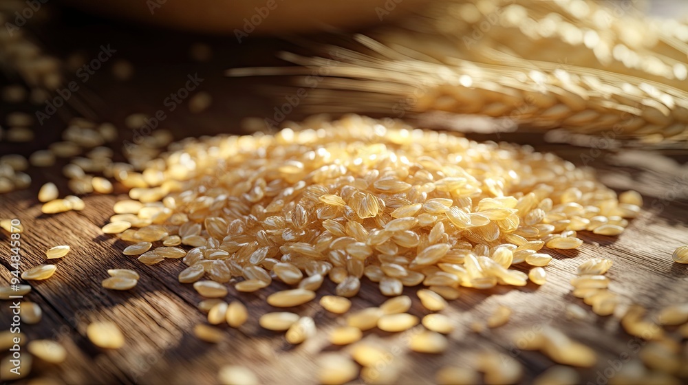 Obraz premium Organic wheat grains, scattered on rustic surface, 3D illustration