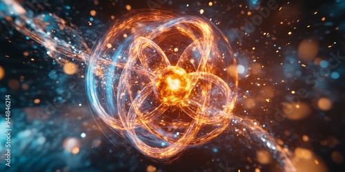 a fission reaction, with neutrons splitting an atomic nucleus and releasing massive energy photo