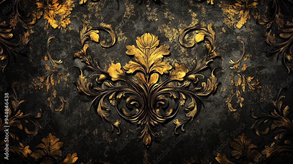 Elegant golden floral pattern on a dark textured background. Elegant golden floral pattern on a dark textured background.