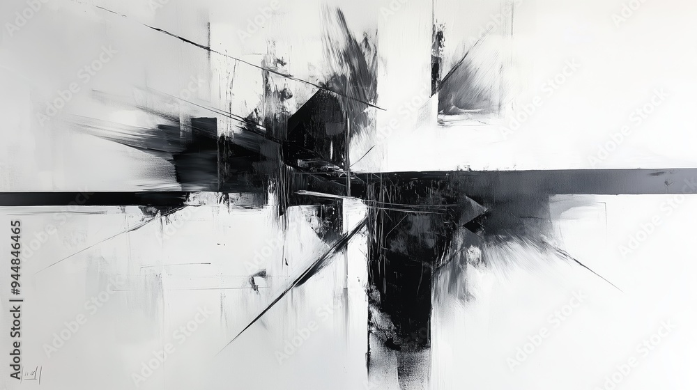 An abstract black and white painting featuring dynamic brush strokes ...