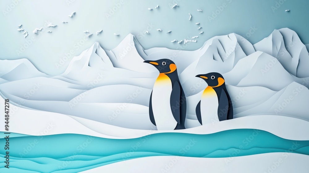 Obraz premium Penguin on paper cut Antarctica