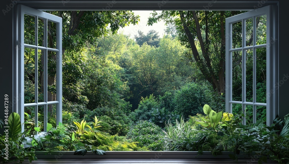 A window open to a view of lush green foliage. A window open to a view of lush green foliage.