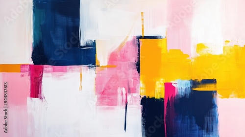 An abstract painting featuring bold colors including navy blue, pink, yellow, and white. The composition is dynamic with large brush strokes and a modern aesthetic.