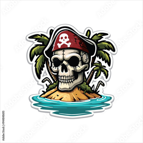 vector skull head sticker with beach nuances and coconut trees