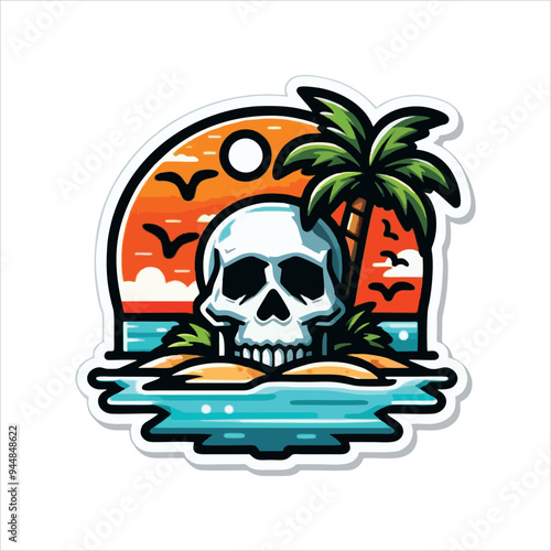 vector skull head sticker with beach nuances and coconut trees