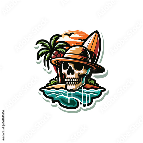 vector skull head sticker with beach nuances and coconut trees