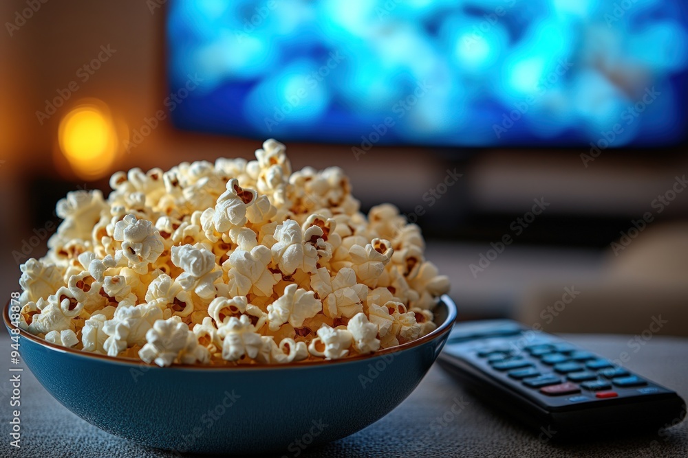 Close-up of a bowl of popcorn with a television screen in the background. Close-up of a bowl of popcorn with a television screen in the background.