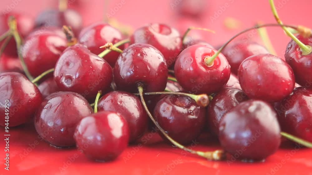 slow motion of ripe fresh cherry drops on a table slow motion of ripe fresh cherry drops on a table