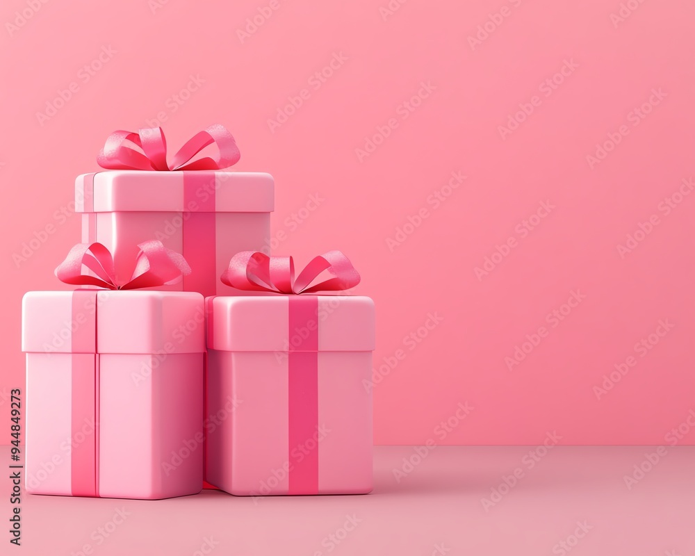 Three pink gift boxes with matching ribbons stacked together, set against a soft pink background, creating a charming and festive display Three pink gift boxes with matching ribbons stacked together, set against a soft pink background, creating a charming and festive display