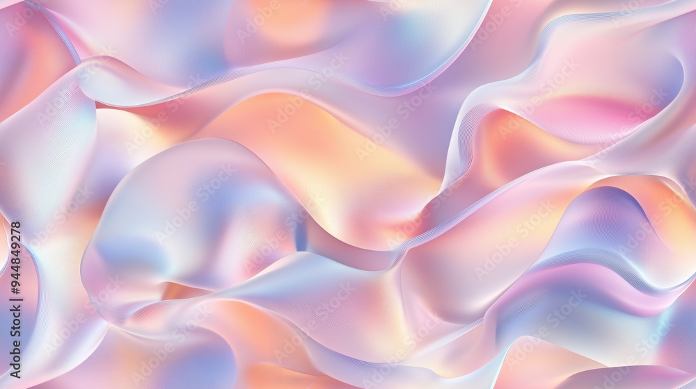Obraz premium A smooth, flowing abstract background featuring soft pastel colors like pink, lavender, and peach. The design resembles flowing silk or fabric, creating a dreamy and ethereal effect.