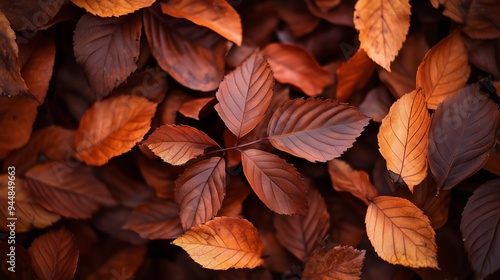 Vivid autumn leaves in shades of orange and brown blanket the forest floor during a sunny afternoon in early fall