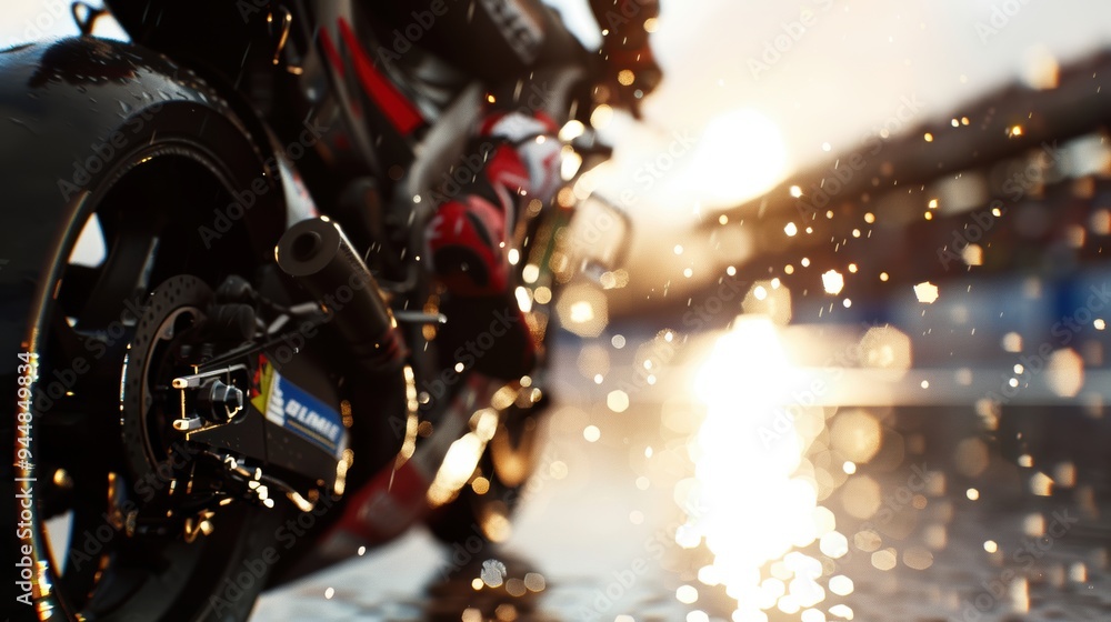 Closeup of a Motorcycle on a Wet Track with Water Droplets in Motion Closeup of a Motorcycle on a Wet Track with Water Droplets in Motion