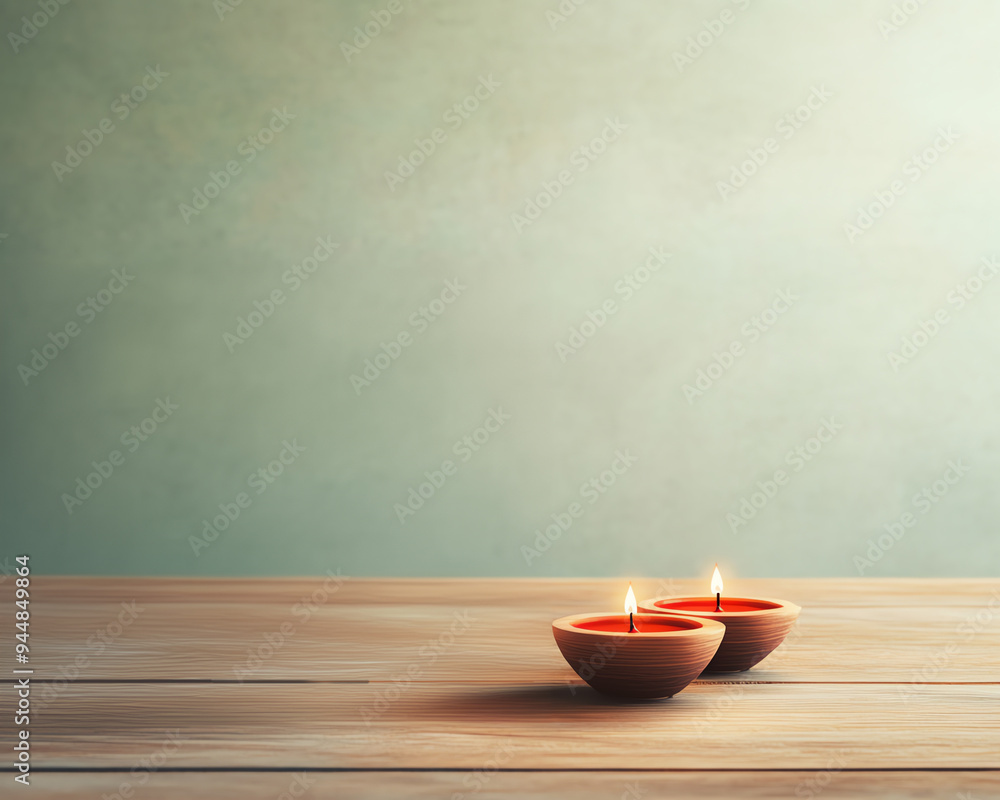 Two lit candles in round wooden holders placed on a wooden table against a soft green gradient background creating a serene atmosphere, setting for background Two lit candles in round wooden holders placed on a wooden table against a soft green gradient background creating a serene atmosphere, setting for background