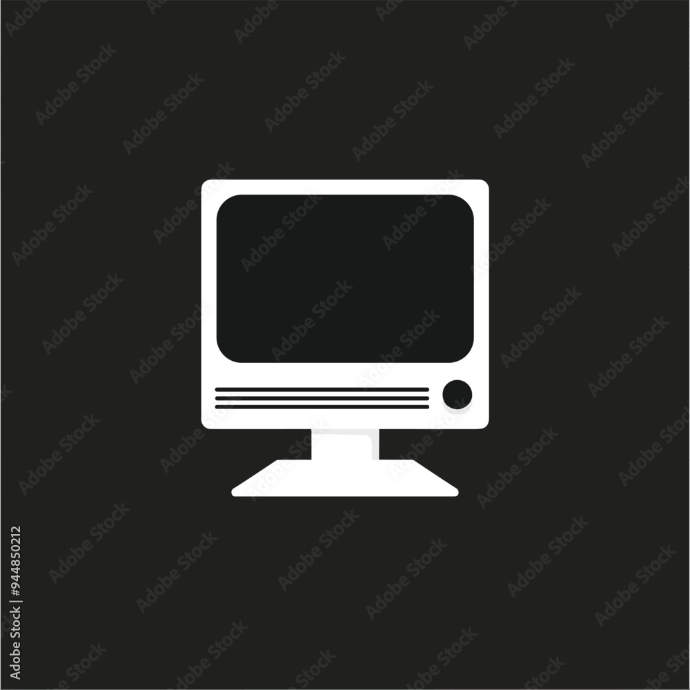 Minimalist white computer monitor icon on a black background representing technology and digital communication. Minimalist white computer monitor icon on a black background representing technology and digital communication.
