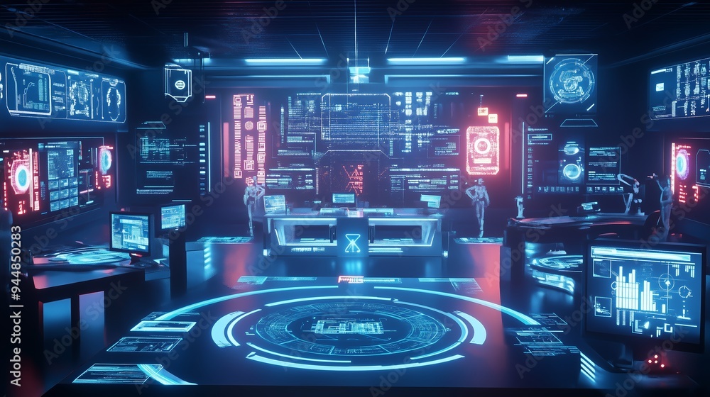 Futuristic command center featuring advanced holographic displays and interactive interfaces at night Futuristic command center featuring advanced holographic displays and interactive interfaces at night