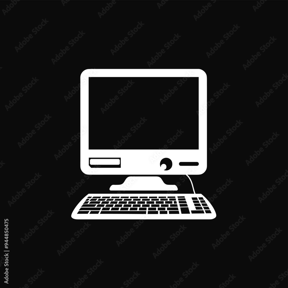 Simple icon of a desktop computer, including monitor, keyboard, and mouse, on a black background. Simple icon of a desktop computer, including monitor, keyboard, and mouse, on a black background.