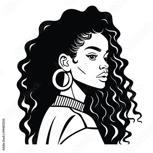 Stylized illustration of a confident woman with curly hair and hoop earrings, gazing intensely.