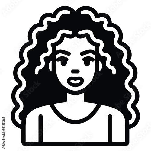 Black and white illustration of a woman with curly hair, wearing a top, showing a confident expression.